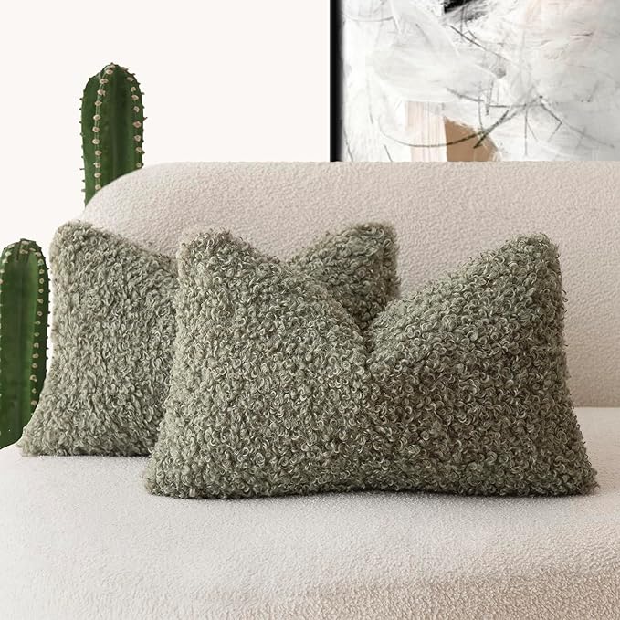 Foindtower Set of 2 Curly Teddy Wool Pillow Covers Decorative Boucle Textured Lumbar Throw Pillow Faux Fur Pillowcases Sheepskin Cushion Case for Sofa Bedroom Car 12"x20" Sage Green