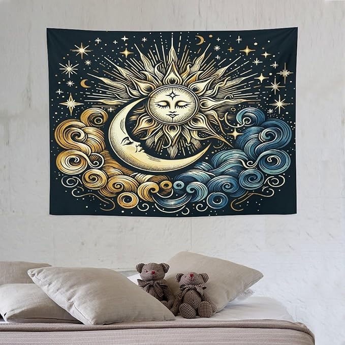 HZOHNAGO Sun Moon Tapestry Boho Golden Stars Pattern Printed Wall Tapestry Wall Hanging for Bedroom Living Room Dorm 40" W x 30" H