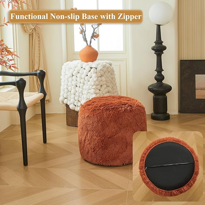 XeGe Fluffy Faux Fur Inflatable Pouf Ottoman, Soft Fuzzy Foot Stool, Plush Furry Foot Rest Floor Pouf Anti-Slip for Kids Girls Adult, Cute Foldable Round Ottoman Cushion Living Room, Burnt Orange