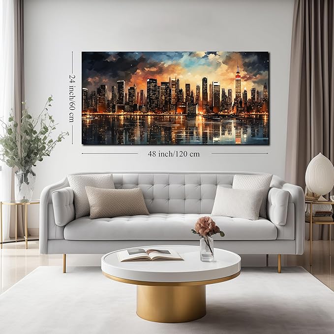 New York Skyline Wall Art for Living Room Modern Canvas Wall Art for Bedroom Above Bed Large Art Work for Office Walls 24 x 48 Inch