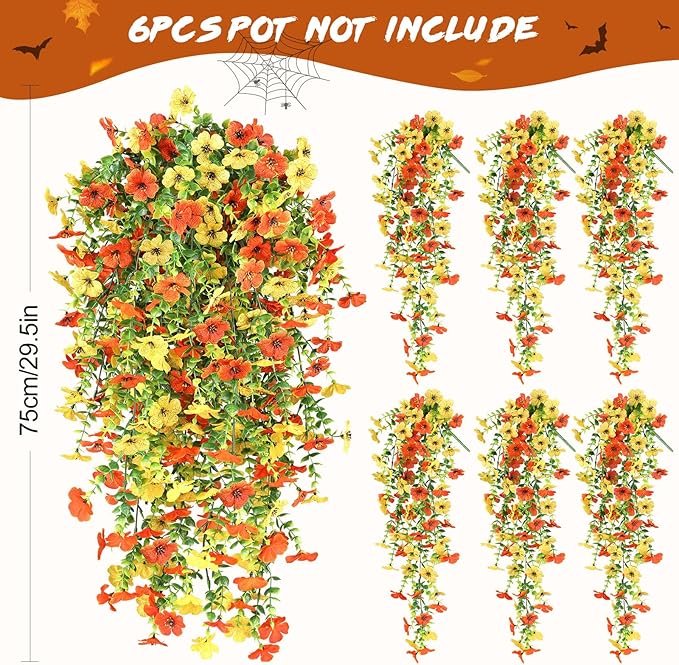 6 Bundles Artificial Fall Flowers for Outdoors Fake Plants Garden Home Fall Decor,UV Resistant Realistic Silk Faux Autumn Flower Indoor Outside Front Porch Patio Balcony Yard Farmhouse(Orange)