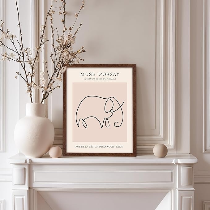 Poster Master Vintage Poster - Retro One Line Elephant Drawing Print - Elephant Art - Minimal Gift for Men, Women, Animal Lover - Abstract Wall Decor for Home, Office, 11x14 Brown Framed