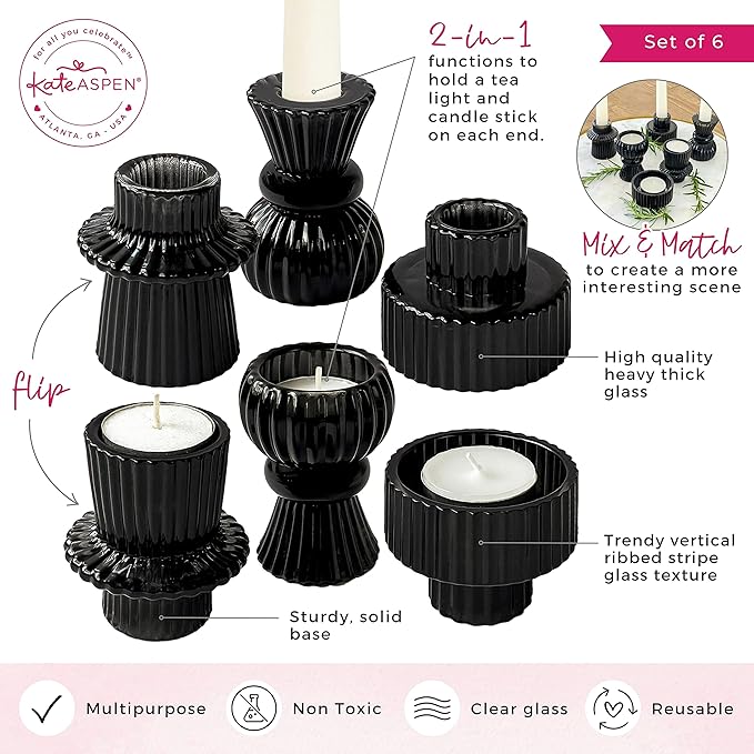 Kate Aspen Vintage Ribbed Glass Black Candlestick Holders, Pillar Candle, Tealight & Votive Candle Holders (Set of 6, 3 Assorted Sizes), Dining Table Decor, Shelf Decor, Centerpiece
