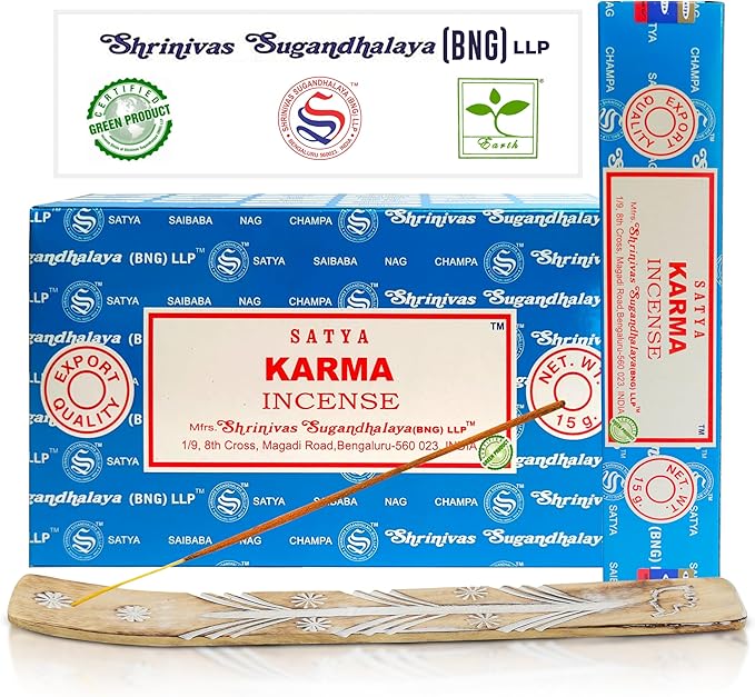 Satya Karma Incense Sticks, Satya Bng (Bangalore) Insenses 15gmx12 Pack with Raajsee Incense Holder Bundle, Satya Nagchampa Natural Incense