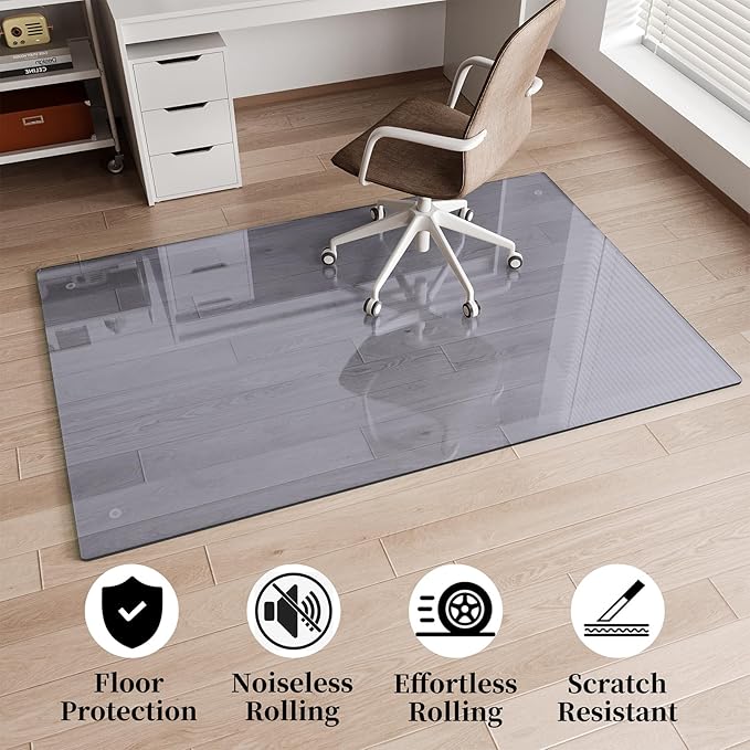 Glass Chair Mat 46" x 55" Heavy Duty Tempered Glass Mat, Office Glass Floor Mat with Round Corner and Polished Edge for Smooth Glide, Carpet Hardwood Floor Protector,Grey