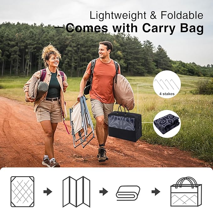 OLANLY Outdoor Rug Waterproof 6x9 ft Clearance, Reversible Outdoor Plastic Straw Rug with Floral Pattern, RV Mat for Patio, Camping, Balcony, Deck, Backyard, Black & Grey