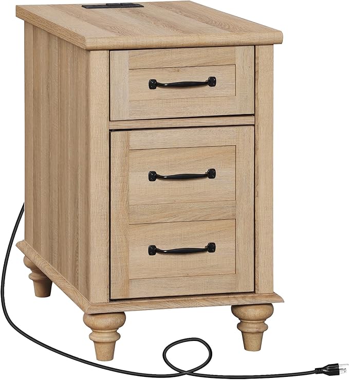 WAMPAT End Table with Charging Station, Wood Side Table with Drawer and Storage Cabinet, Modern End Table with Power outlets USB Ports for Living Room Bedroom, Oak