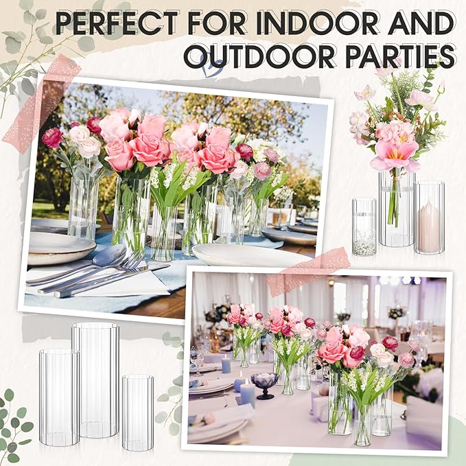 12 Pcs Glass Cylinder Vases for Centerpieces Clear Ribbed Tall Bud Vase for Flower Wedding Decoration Floating Candle and Indoor Home Decor, Housewarming Gift (6/8/10 Inch)