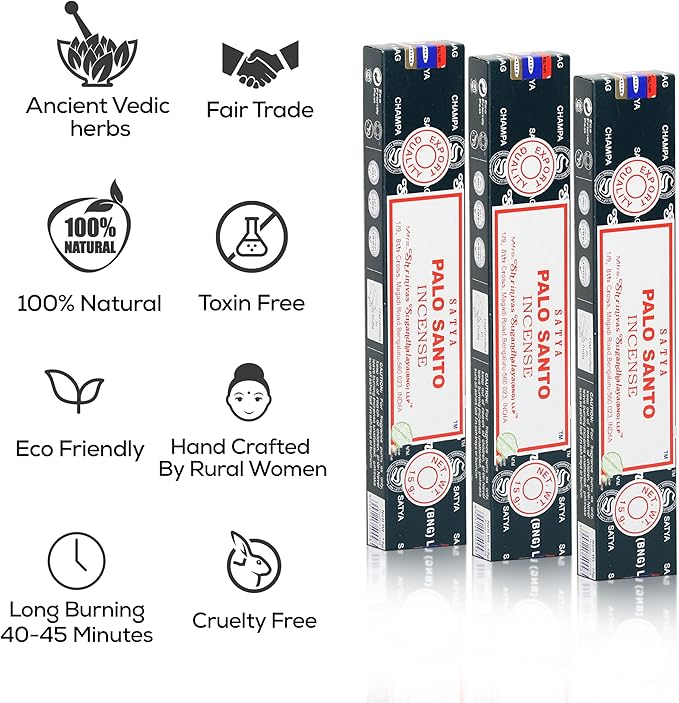 Satya Nagchampa Palo Santo Incense Sticks, Satya Bng (Bangalore) Insenses 15gmx3 Pack (45 GMS) with Raajsee Incense Holder Bundle, Satya Nagchampa Natural Incense
