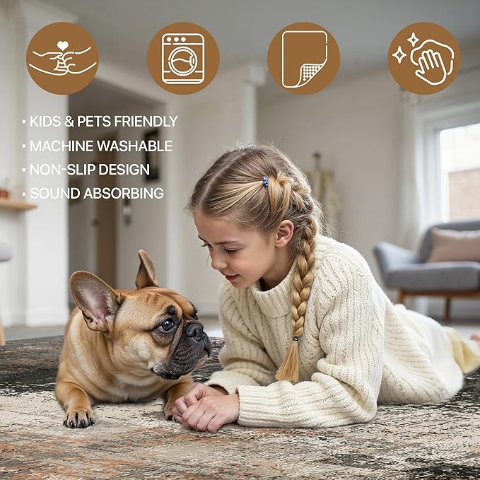 Area Rugs 8x10 for Living Room Bedroom, Modern Abstract Machine Washable Rug, Large Soft Low Pile Floor Carpet with Non Slip Backing for Dining Room, Brown