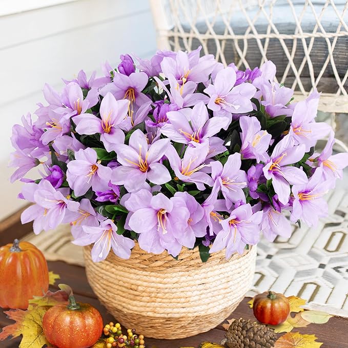 Artificial Flowers for Outdoors, 3 Bundles Fake Silk Azalea Bouquet Faux Flower Plants Outside Decoration UV Resistant Realistic Fake Flowers for Planter Front Door Patio Garden Walkways Home, Purple