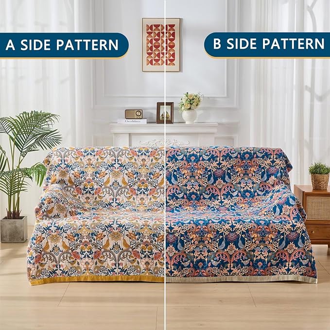 Boho Throw Blanket for Bed Couch 100% Cotton Woven Bed Throws for Summer, Lightweight and Soft Cozy Farmhouse Reversible Muslin Decorative Blanket for Travel Picnic, Teal/Cream, 80"x90"