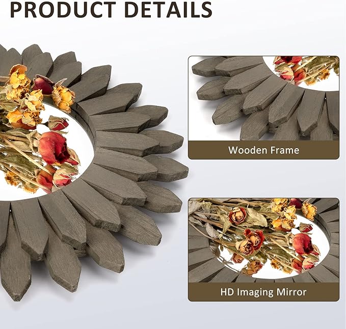 Honiway Farmhouse Wall Decor Mirror 12 inch Sunburst Boho Wood Mirror Rustic Home Decor Room Decoration for Bedroom Living Room Weathered Grey