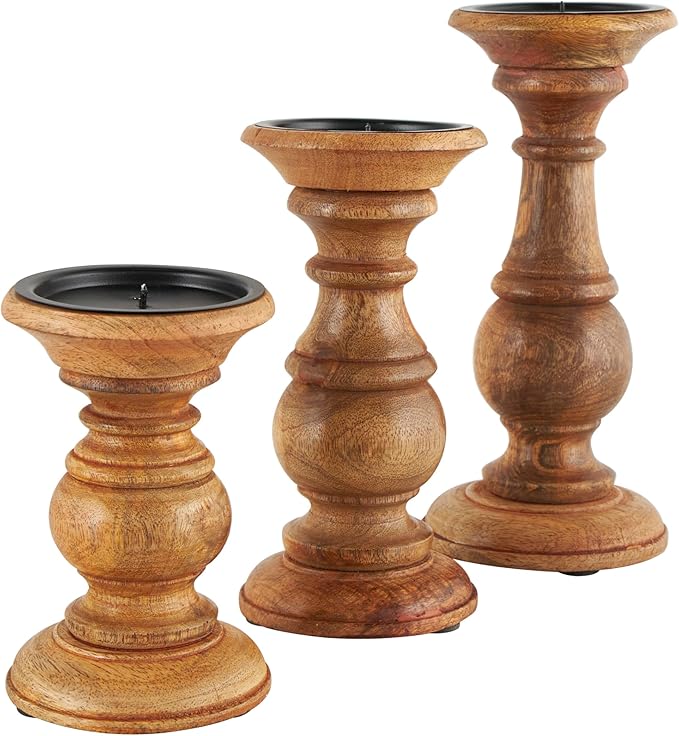 Deco 79 Mango Wood Decorative Candle Holder Turned Style Pillar Candle Stand, Set of 3 Candlestick Holder 10",8",6"H, Brown