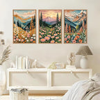 HPINUB Mountain Sunset Floral Framed Canvas Wall Art Set,Colorful Wildflower Daisy Flower Wall Decor,Boho Blossom Botanical Artwork Modern Nature Landscape Art Print for Living Room,Bedroom-16 x24 x3