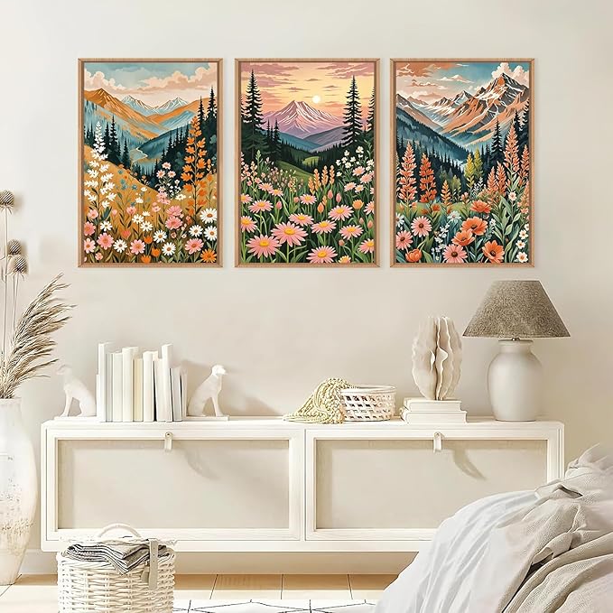 HPINUB Mountain Sunset Floral Framed Canvas Wall Art Set,Colorful Wildflower Daisy Flower Wall Decor,Boho Blossom Botanical Artwork Modern Nature Landscape Art Print for Living Room,Bedroom-16 x24 x3