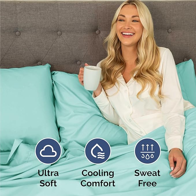 King Sheets Set 6 Piece - Includes 4 Pillowcases - Bed Sheets King Size - Soft Hotel Luxury Bedding - Cooling, Comfy, Cozy & Breathable - 1 Flat & 1 Fitted & 4 Pillowcases w/ Deep Pockets - Spa Blue