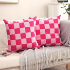 Alysheer Checkered Embroidered Decorative Throw Pillow Covers 18"x 18" Set of 2, Farmhouse Cottage Hot Pink Plaid Tufted Patterned Cotton Canvas Cushion Case for Sofa Couch Bed Living Room