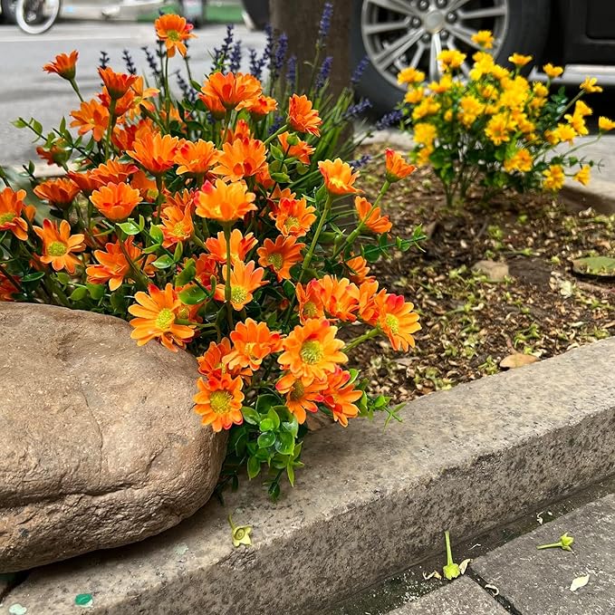 alyptus 8 Bundles Artificial Flowers for Outdoors Faux Mums UV Resistant Plastic Fall Plants Fake Greenery Orange Daisy Bulk for Home Gardenr Window Box Pathway Plante Wedding Decor (Orange)