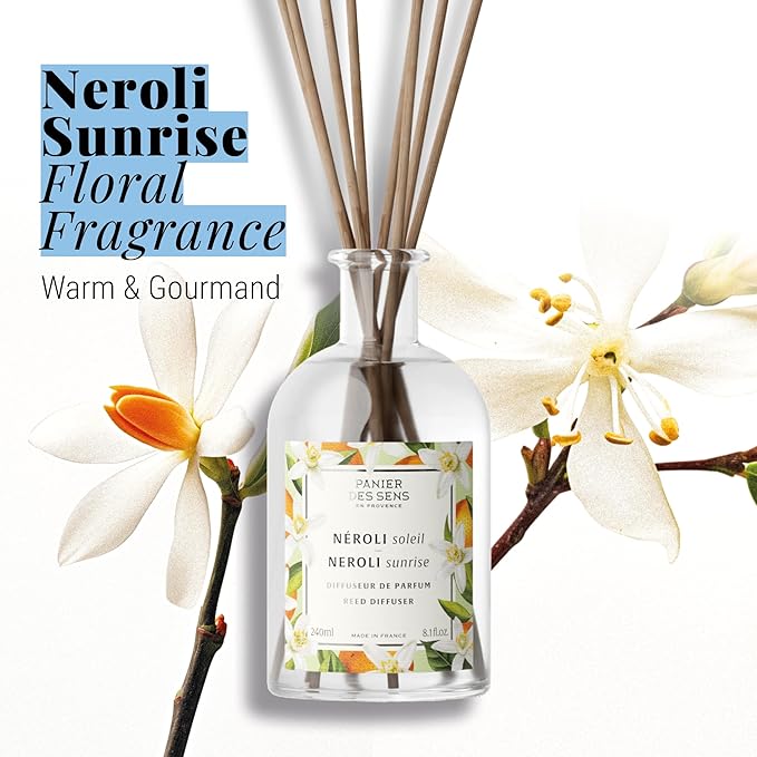 Panier des Sens - Neroli Luxury Reed Diffuser 8.1 fl.oz – Long Lasting Fragrance 5+ Months - Elegant Home Fragrance in Glass Bottle - Oil-Based Scent Diffuser Made in France - 90% Natural Ingredients