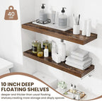 Fun Memories Floating Shelves for Wall 36 Inches, Wood Shelves with Invisible Bracket, 10" Deep Shelves Wall Mounted, Large Floating Shelves for Living Room Bathroom, Rustic Brown, Set of 2