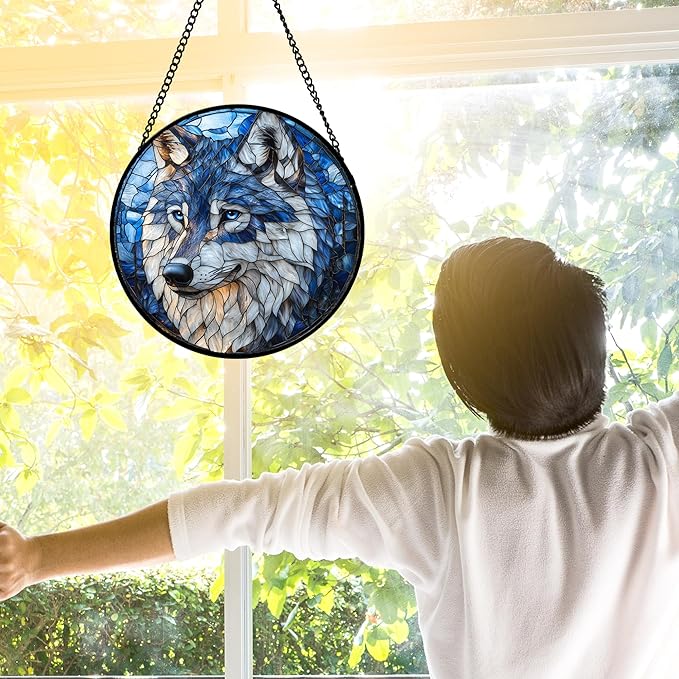 Stained Glass Window Hanging - Funny Wolf Suncatcher Ready to Hang Window Doors Home Decoration and Christmas, Mother's Day Birthday Gifts for Women, Men, and Mom 7.8x7.8 in