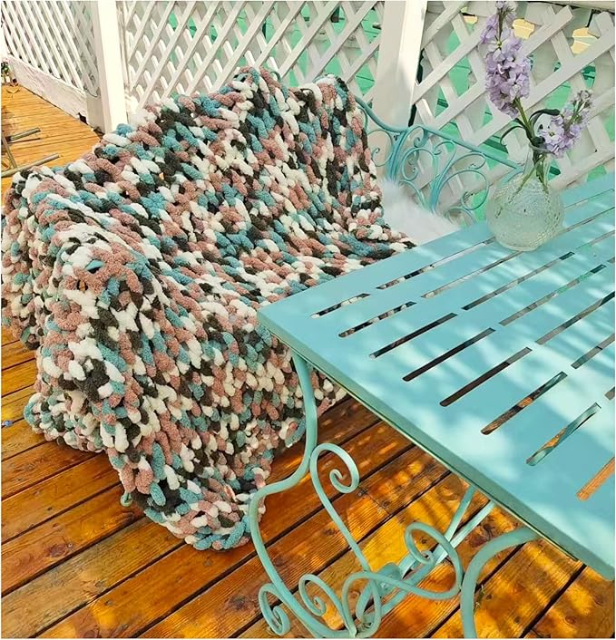 DDL&HEXI Chunky Chenille Blanket 100% Hand Knit with Jumbo Chenille Yarn (50"x60") Super Soft Large Throw Bed Blanket for Couch, Sofa, Home Decor - Machine Washable (02)