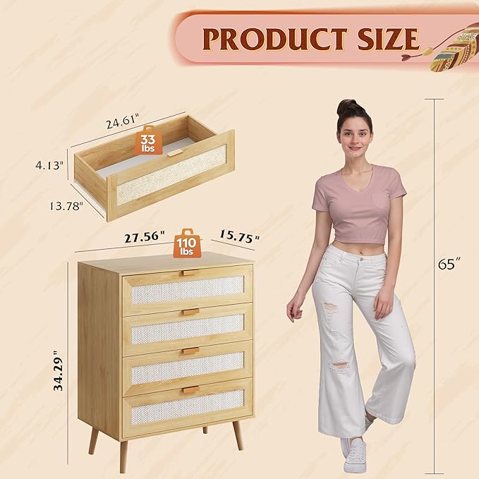 WLIVE Rattan Dresser for Bedroom, 4 Drawer Wood Boho Dresser Storage with Gold Metal Handle, Chest of Drawers for Living Room, Closet, Hallway, Light Oak