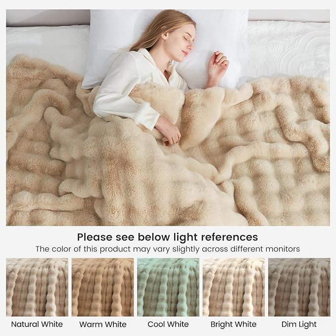 Cozy Bliss Faux Fur Throw Blanket for Couch, Fuzzy Soft Plush Thick Bubble Blanket for Sofa Bedroom Living Room, 60 * 80 Inches Beige