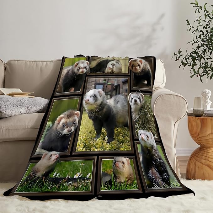 Cute Ferret Blanket for Women Girls Boys Men Funny Animal Ferrets Throw Blanket Plush Cozy Flannel Fleece Ultra Soft Fuzzy Blankets Gifts 80"X60"