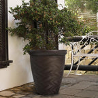Worth Garden 2-Pack 16" Large Round Planter - Weave Pattern Lightweight Plastic Plant Pot 16" x 17.5" for Indoor Outdoor Use - Decorative Containers for Front Porch Home Yard Deck Patio - Dark Brown