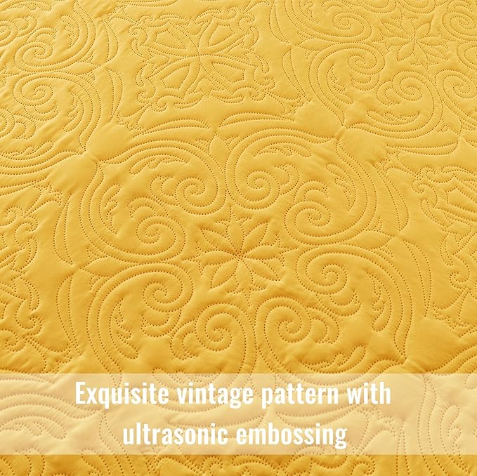 Exclusivo Mezcla Quilt Set Oversized King Size with 2 Pillow Shams, Lightweight Yellow Quilts with Vintage Damask Pattern, Soft Cal King Bedspreads Coverlets Bedding Set for All Seasons