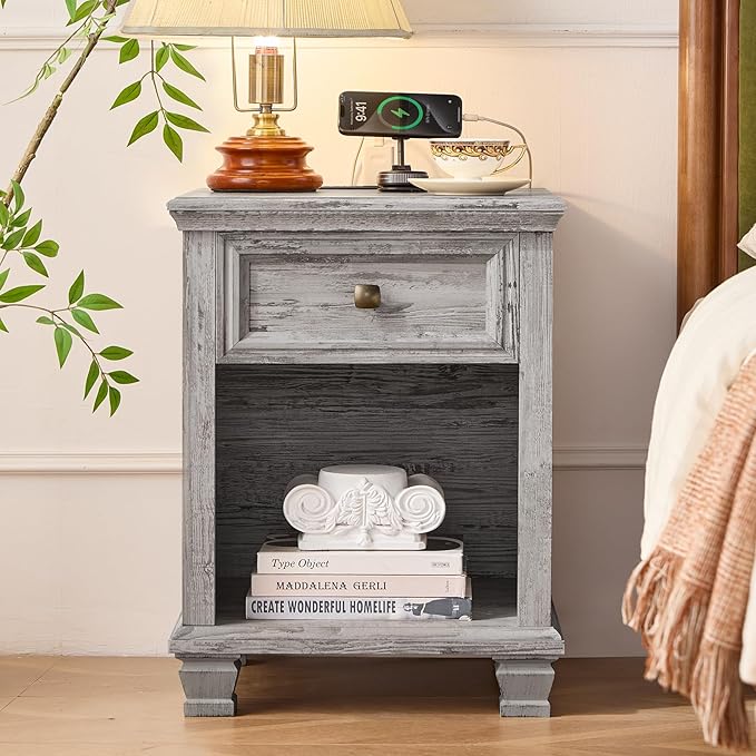 Farmhouse Side Table Set of 2 with Charging Station, Rustic Wood End Table with Drawer, Small Nightstands with Open Shelf for Bedroom, End Tables for Living Room, Grey