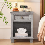 Farmhouse Side Table Set of 2 with Charging Station, Rustic Wood End Table with Drawer, Small Nightstands with Open Shelf for Bedroom, End Tables for Living Room, Grey