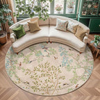jinchan Round Rugs 7ft Beige Botanical Birds Print Machine Washable 7' Circle Nature Plants Modern Soft Non Slip Kids Throw Area Rugs Ultra Thin Low Pile Carpet for Living Room Bedroom Dining Room