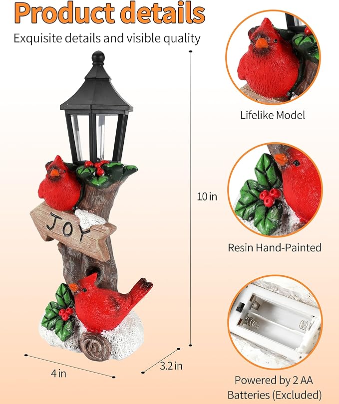 iStatue Lighted Cardinal Christmas Ornaments - 10’’ Resin 2 Red Birds Joy Lamp Post Figurine with Candle Lantern - Unique Xmas Decorations Indoor Decor Gift (Cardinal)