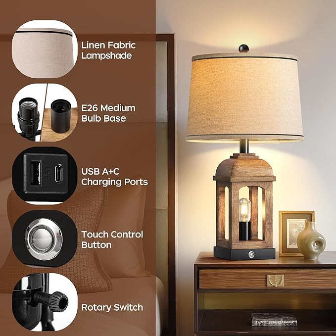 QiMH Table Lamp for Living Room, Farmhouse Lamps Set of 2 with USB A+C and Nightlight, 26" Rustic Bedside Lamps with 3-Way Dimmable Touch Control, Nightstand Lamp for Bedroom Decor, Wood Grain