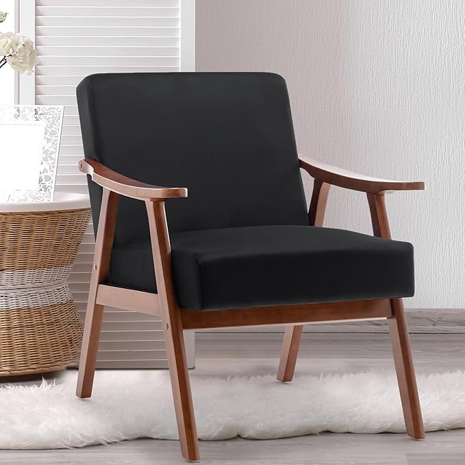 Furnimart Black Velvet Accent Chair, Mid Century Modern Living Room Chair with Wood Frame, Comfy Armchair Wingback Chair for Office Study Vanity Bedroom Waiting Room