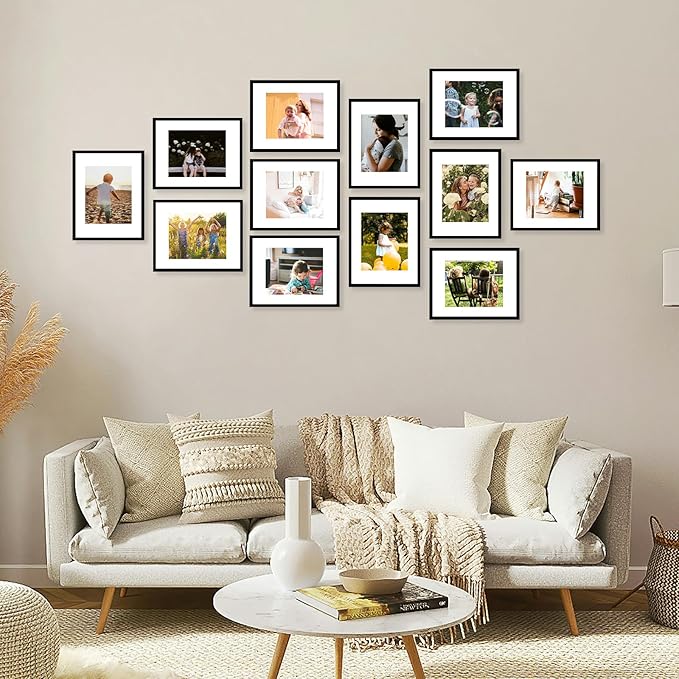 12 Packs 11x14 Picture Frames, Display 8x10 with Mat or 11x14 Without Mat, Black Gallery Wall Frame Set, 11 by 14 Frames Bulk Set of 12 Collage Wall Decor Photo Frames Set for Wall, Black