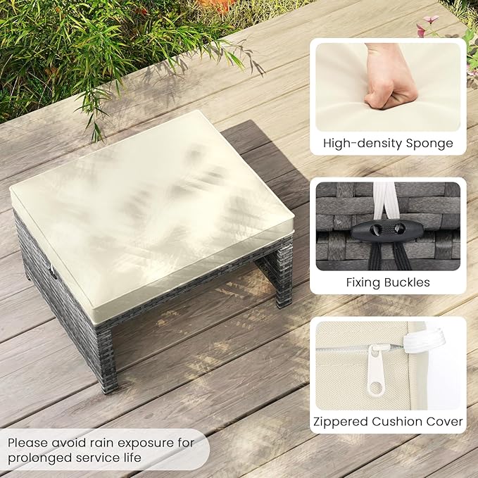 Tangkula 2 Pieces Patio PE Rattan Ottomans, Multipurpose Outdoor Footstool Footrest Additional Seating Side Table with Soft Zippered Cushions for Deck, Garden, and Yard (White)