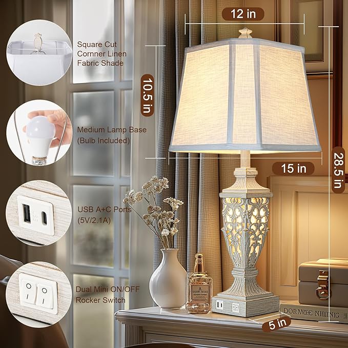 28.5" Lamps for Living Room - Table Lamps Set of 2 with Night Light,Bedside Lamp with White Linen Cut Corner Shade - for Bedroom Room and Nightstand with USB A+C Ports- for Office Hotel(Bulb Included)