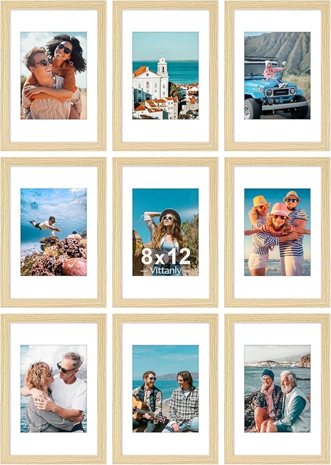 Vittanly 8x12 Picture Frames Set of 9, Shatter Resistant Plexiglass, Display 6x8 Pictures with Mat or 8x12 without Mat, Photo Frames for Wall or Tabletop, Engineered Wood, OAK