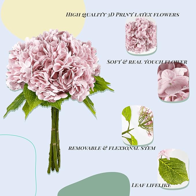 Yatim 21In Pink Artificial Hydrangea Flowers 5 Pcs Real Touch 3D Print Latex Flowers for Wedding Centerpieces Bouquets DIY Floral Decor Home Decoration with Stems