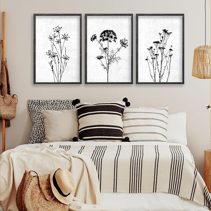 Flower Plant Wall Art Decor 24"x16" Set of 3 Black And White Botanical Painting Wood Framed For Minimalist Bedroom Office Rustic Living Room Abstract Wildflower Sign Hanging (Black)