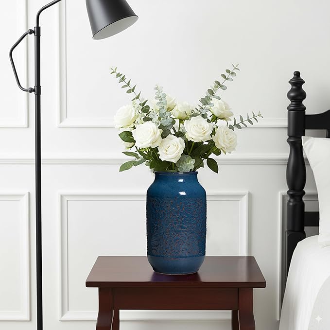 Blue Ceramic Vase for Home Decor, 9 Inch Modern Farmhouse Vase, Decorative Vases for Pampas Grass, Fireplace, Living Room, Bathroom, Tabletop, Kitchen, Office, Farmhouse Decor