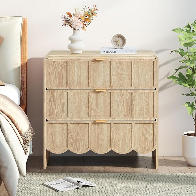 3 Drawer Dresser for Bedroom Set of 2, Modern Closet Chest of Drawers with Wave Fluted Drawer, Wood Storage Small Dresser Organizer for Nursery Bedroom Living Room Hallway Closet (Natural)