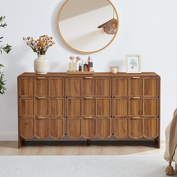 9 Drawer Dresser for Bedroom, Modern Closet Chest of Drawers with Wave Fluted Drawer, Wood Storage Small Dresser Organizer for Nursery Bedroom Living Room Hallway Closet (Walnut)