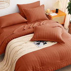 CozyLux Queen Comforter Set Burnt Orange Seersucker 7 Pieces Bed in a Bag Queen Comforter Set with Sheets Terracotta Luxury Bedding Set with Down Alternative Comforter, Sheets, Pillowcases & Shams