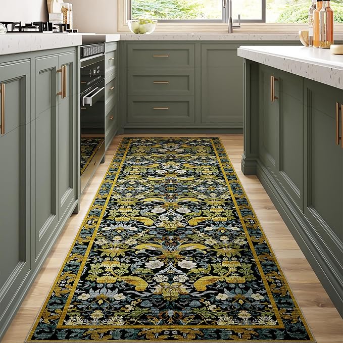 Runner Rug - 2'6"x8' Boho Washable Kitchen Rug, Non-Slip Soft Low Pile Rugs Indoor for Hallway Living Room Bedroom Sunroom, Vintage Stair Carpet Stain Resistance (Dark Green, 2.5x8ft)