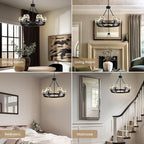 Black Wagon Wheel Chandelier, 24 Inch Black Chandeliers with Unique Glass Shade, 6-Light Crystal Farmhouse Wagon Wheel Chandeliers for Dining Room, Round Chandelier for Living Room, Foyer, Entryway